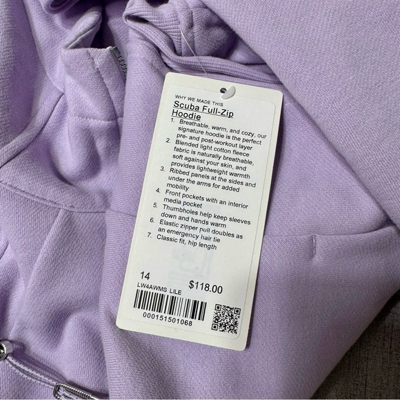 Lululemon Scuba Full Zip Hoodie Jacket Purple Lilac Ether Size 14 NWT - Picture 9 of 10